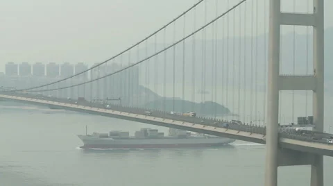 Container Ship Across the Tsing Ma Bridge Stock Footage 924498