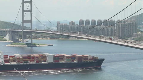 Container Ship Across the Tsing Ma Bridge Stock Footage 65307334