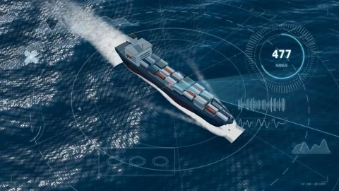 Container ship aerial view digital radar hud analytics overlay loop Stock-Footage 343507638