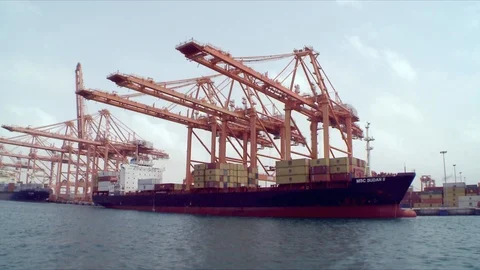 Container ship and cranes in a container port in Oman. Stock Footage 90218016