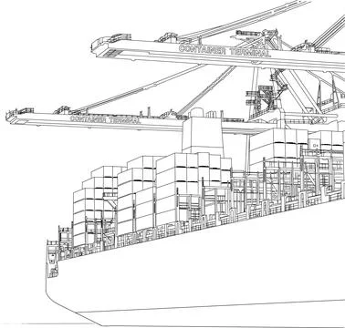 Container Ship and Port Cranes Line Art Illustration Stock Illustration