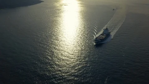 A Container Ship and the Reflection of Sunset, Akashi Strait,  Japan Video stock 86509966