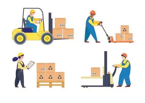 Container ship and warehouse workers. Loading, stacking goods with electric hand Stock Illustration