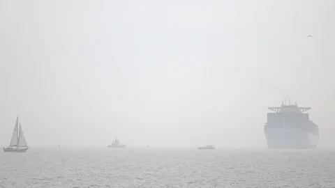 Container ship approaching port on misty morning 動画素材 91092852
