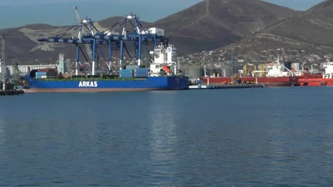 Container ship Arkas at berth for loading. Novorossiysk commercial sea port. Stock Footage 167323828