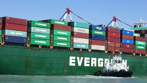 Container ship assisted by tugs 4k intro video for business Stock-Footage 92592336