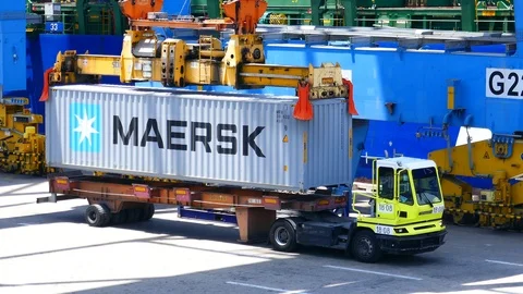Container ship being loaded in harbor 4k intro video for business Video stock 91136775