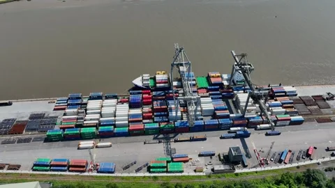 Container ship being loaded at Waterford Port on The River Suir Stock Footage 340541646