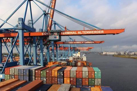 Container Ship at Berth at the HHLA Container Terminal Altenwerder in Hamburg Stock Photos