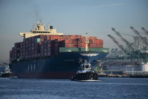 Container ship bulbous bow empty shipping containers Port of Los Angeles LA Stock Photos
