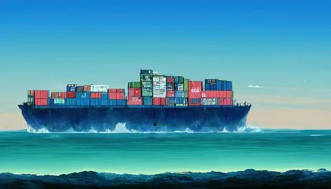 Container ship, cargo ship, shipping container, Anime Style, Transportation o Stock Illustration