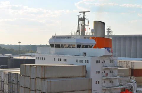 Container ship close - up. Part of large merchant ship Stock Photos