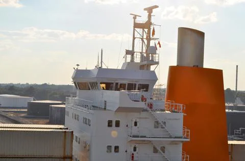 Container ship close - up. Part of large merchant ship Stock Photos