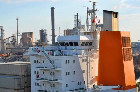 Container ship close - up. Part of large merchant ship Stock Photos