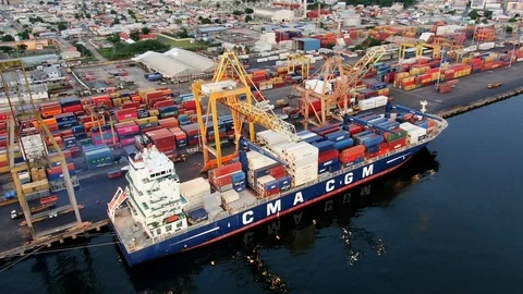 Container ship CMA CGM at port of Spain Stock Footage 119788705