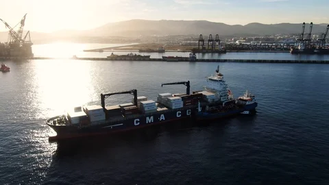 Container ship CMA CGM Saint Laurent at anchor at Algeciras Port. Stock Footage 118852191