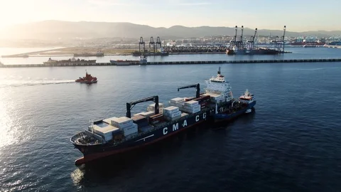 Container ship CMA CGM Saint Laurent at anchor at Algeciras Port. Stock Footage 118852259