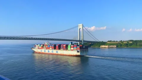 Container ship COSCO passing under the Verrazzano - Narrows Bridge Stock Footage 242827805