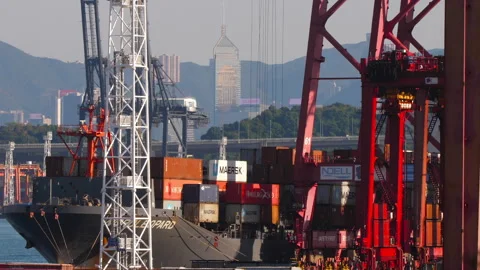 Container ship docked at Kwai Tsing terminal in Hong Kong Stock Footage 340522559