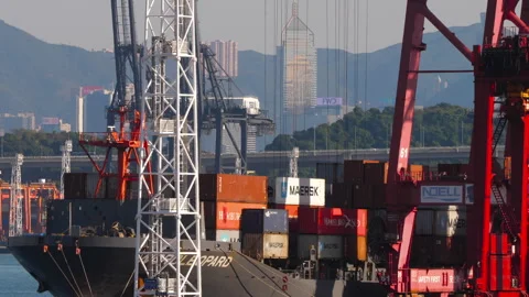 Container ship docked at Kwai Tsing port in Hong Kong with city skyline Vídeos de archivo 341974040