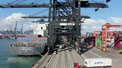 Container Ship docked at port during loading and unloading operation. Stock Footage 154291979