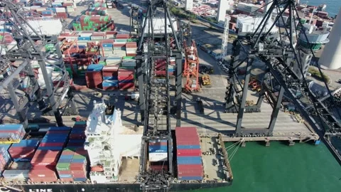 Container Ship docked at port during loading and unloading operation. Stock Footage 154292862