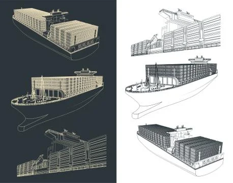 Container ship drawings Stock Illustration