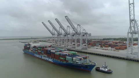Container Ship Entering Harbor Stock Footage 129958397