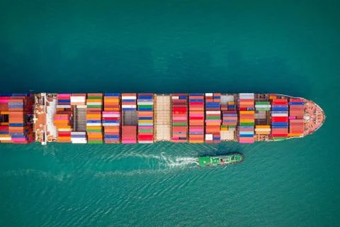 Container ship in export and import business and logistics. Aerial view. Stock-Fotos