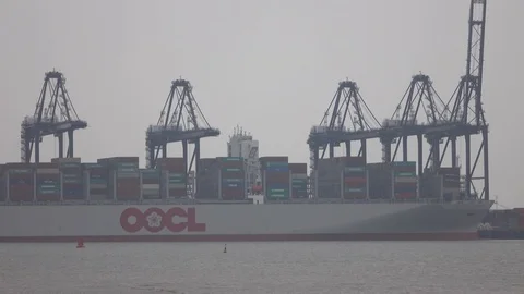 Container ship at Felixstowe port being loaded Stock Footage 91092953
