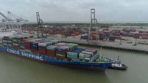 Container Ship Flyby in Port Stock Footage 129959122