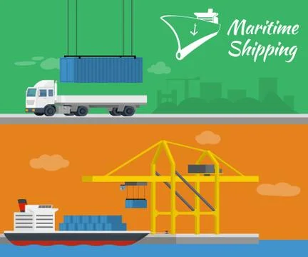 Container ship at freight port terminal. Truck delivery of container. Stock Illustration