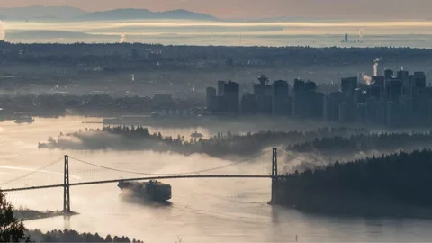 Container ship gliding through fog in scenic shot of city Stock Footage 149382524