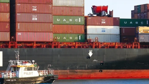 Container ship is going out form dock 4k intro video for business Video stock 95064621