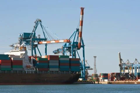 Container ship in harbor Stock Photos