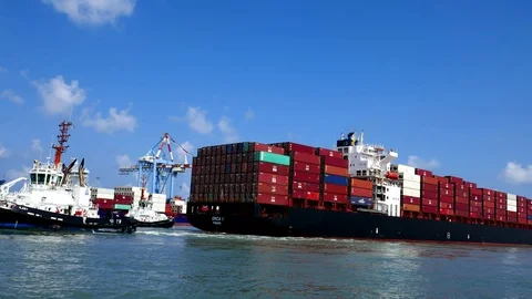 Container ship in harbor time lapse 4k intro video for business Stock Footage 92142624