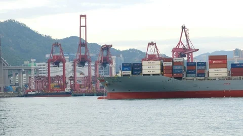 Container ship at the Hong Kong terminal in the Kwai Tsing Container Terminals Stock Footage 99212432