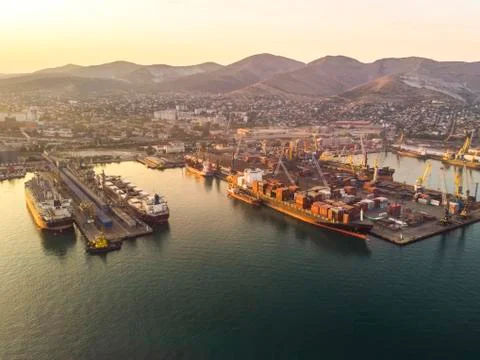 Container ship in import export and business logistics, By crane, Trade Port, Stock Photos