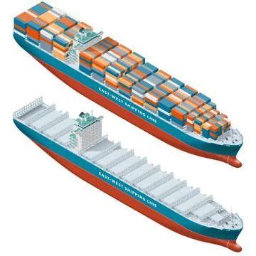 Container ship laden and empty, isometric icon set Stock Illustration