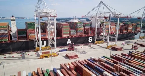 Container ship loading and unloading with shipping containers Stock Footage 89716082