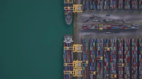 Container ship loading and unloading in deep sea port, Aerial view of business l Video stock 164451091