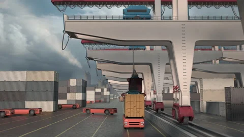 Container ship loading and unloading in deep sea port, Low angle View of busines Video stock 194755722