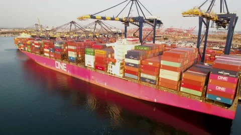 Container Ship Loading Beneath Gantry Cranes, 4K Stock Footage 160313474