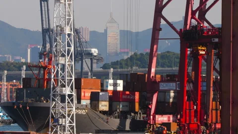 Container ship loading cargo at Hong Kong port terminal 動画素材 338129671