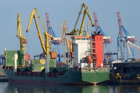 Container ship loading goods at Odessa cargo port ,largest seaport on Black Sea Stock Photos