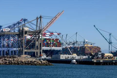 Container ship loading at Port of Los Angeles (LA) shipping Container Terminal Stock Photos