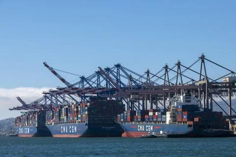 Container ship loading at Port of Los Angeles (LA) shipping Container Terminal Stock Photos