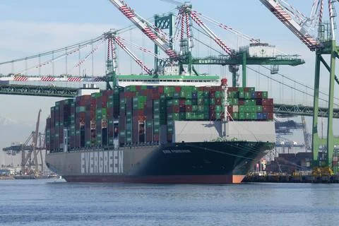 Container ship loading at Port of Los Angeles (LA) shipping Container Terminal Stock Photos