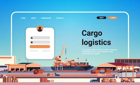 Container ship loading in sea port website landing page template cargo logistics Illustrazione stock