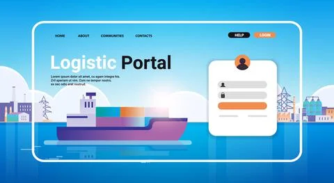 Container ship loading in sea port website landing page template cargo logistics Illustrazione stock